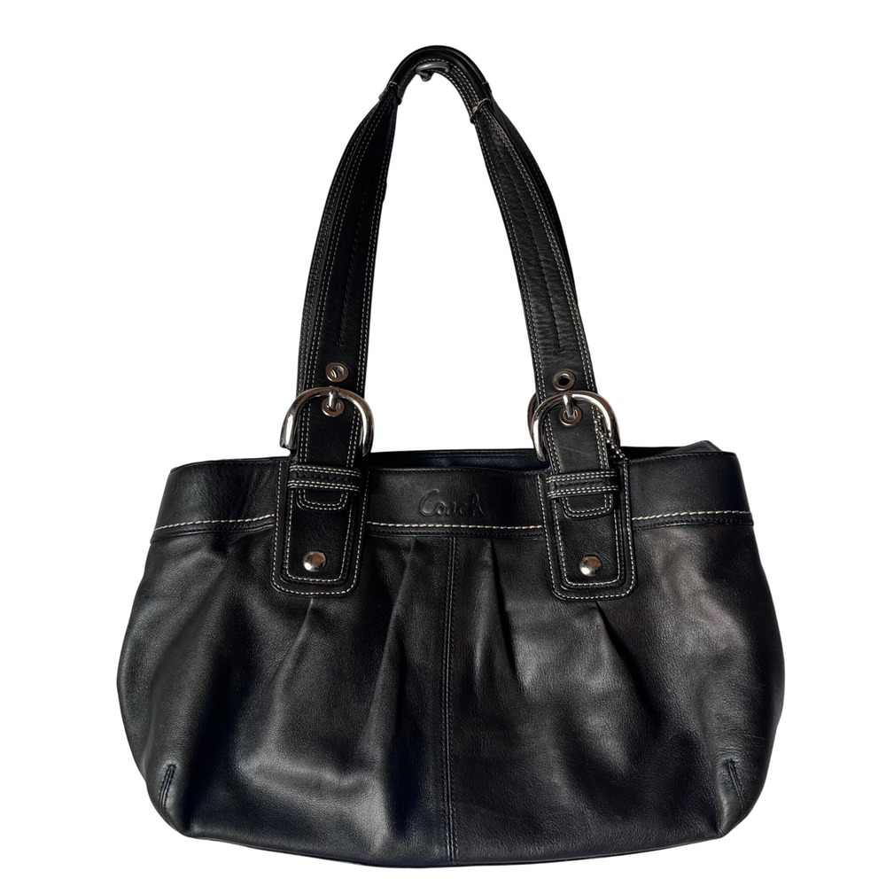 Coach Soho Black Leather Pleated Shoulder Bag Satchel White Stitching 10191